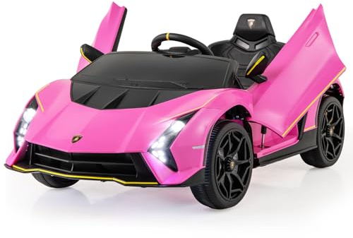 COSTWAY 12V Kids Electric Ride on Car with Remote Control, LED Lights, Music, USB/FM, Hydraulic Doors, 4 Motors Licensed Lamborghini Battery Powered Toy Vehicle for Boys Girls (Pink)