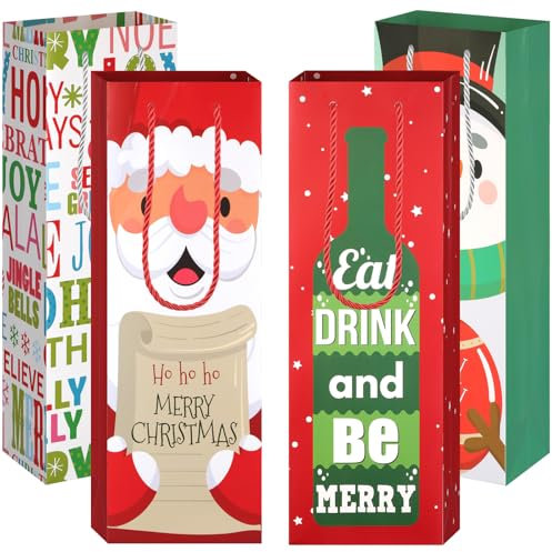 Christmas Wine Bottle Bags - 12 Pcs Gift Bags with Handles, Sturdy Wine Tote in 4 Designs for Party, Wedding, Birthday, Festival