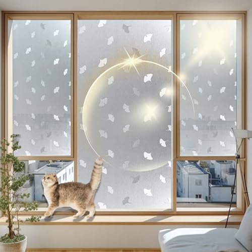 Window Stickers for Glass Privacy 100 x 580 cm, No Glue Window Sticker, Privacy, Opaque, UV Protection, Static Cling, White Blackout Window Film with Toolkit for Window, ginkgo