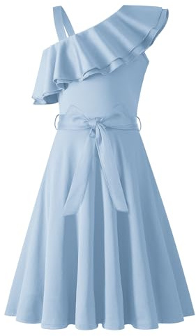 Arshiner Niñas Vestido Un Hombro Niños Verano Elegantes Festivo Escote con Volantes Vestido Sin Mangas Vestidos de Fiesta para Niñas 13-14 Años