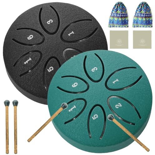 2 Stück 3 Zoll Steel Tongue Drum, 6 Töne Zungentrommel Pan Drum Percussion Steel Instrument, Handpan Instrument Mini Trommel mit Schlägeln Meditation Yoga Klangheilung(Grün+Schwarz)