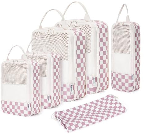 Narwey 6 Teilige Kompression Koffer Organizer, Compression Packing Cubes Backpack Koffer Organizer Set Kompression Packwürfel Rucksack, Kofferorganizer Travel Essentials for Damen (Checkered Altrosa)