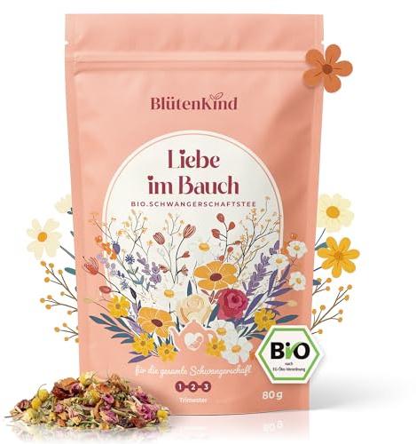 BlütenKind BIO Schwangerschaftstee Liebe im Bauch | Für alle Trimester | Wohltuender Genuss, koffeinfrei, beliebte Frauenkräuter für die Schwangerschaft, schöne Verpackung, Mommy to be Geschenk 80g