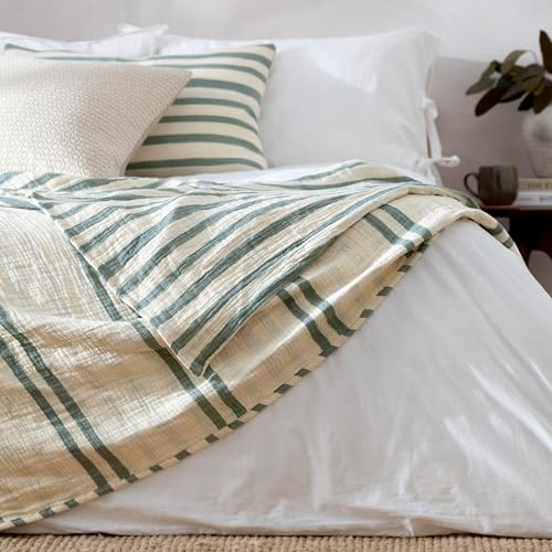 Yard Woven Stripe Cotton Bedspread (Eucalyptus, 140 x 220 cm) | Reversible cotton muslin bedspread with woven stripe texture