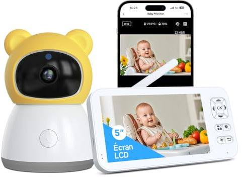 XPJ Moniteur Vidéo pour Bébé 2K 5 Babyphone avec Caméra et Audio, Contrôle Via App, Vision Nocturne, Rotation à 360°, Suivi Automatique, Détection de Zone Personnalisée, Zoom 4X