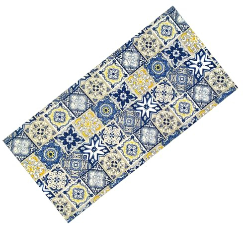Tex family Tappeto Cucina Runner Antiscivolo - Passatoia Lavabile, Fantasia Maiolica Blu e Giallo, Design Moderno - Made in Italy - Cm. 50x200