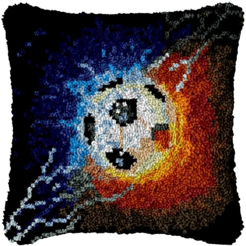 Latch Hook Cushion Kits for Adults Lightning Football Soccer Fire Water Rug Cover Pillowcase Kids Beginner DIY Needlework Embroidery Kits Handmade Set Craft Sofa Home Decor 43x43cm,1pcs