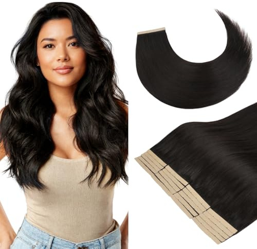 GOO GOO Tape Extensions Echthaar, 8cm Breites Tape, 40cm 100g 20 Stk., #1B | Schwarz, Remy Echthaar, Seidig Weich, Verfilzungsfrei, Unsichtbare, Schnell Anzubringen, Starker Halt, Langlebig, mehr Fülle