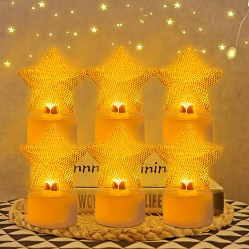 6 Stück Weihnachten LED Teelichter Metall, LED Kerzen Mit Batterie, Weihnachts Beleuchtung Für Tisch Deko, Weihnachtskerzen, Flammenlos Teelichter für Schlafzimmer Weihnachten Deko Nachtlicht (Sterne)