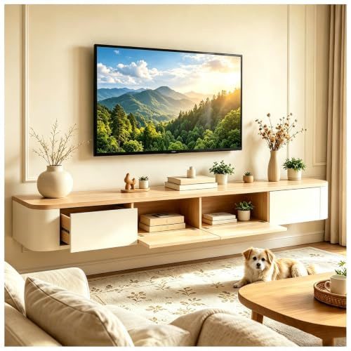 JUNFUNNLE TV-Schrank mit Schubladen & Klappe, Wandmontierbares Lowboard, Medienkonsole mit Kabelkanälen, Komplett Montiert (Beige, 240x24x20cm)