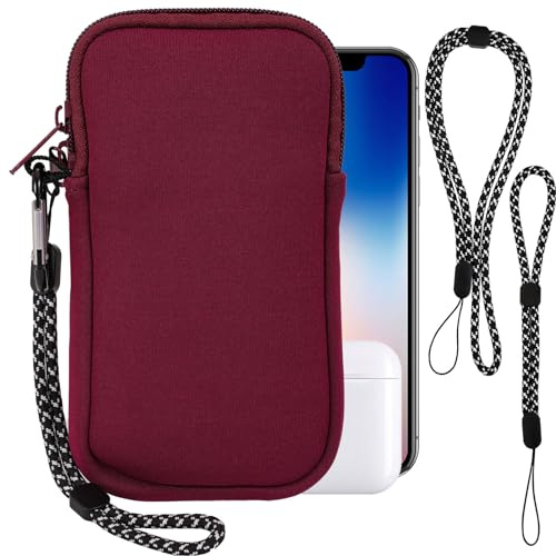 Handytasche für Smartphones,Universelle Neopren Handy Hülle Handy Tasche Hülle Cover Case Schutzhülle mit Karabiner Umhängeband für iPhone 15 16 Plus Pro Max Samsung,Passend für Phone 7,5 Zoll,Rot,L