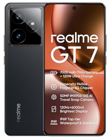 realme GT 7 5G Smartphone 12+512GB, Black, 6.78 inch écran, 120Hz Display, 120W Charge Rapide, 7000mAh Batterie, 50MP 2X caméra, MediaTek Dimensity 9400e chipset, IP69