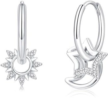 Cangall 925 Sterling Silber Ohrringe Creolen mit Mond Sonne Stern Anhänger | Ohrringe Silber 925, Hypoallergen Leichte Creolen Silber, Ohrhänger Silber Schmuck Geschenk für Damen Mädchen zum Weihnachten