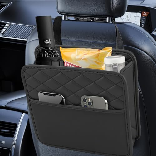 Autositz Organizer,Leder Aufbewahrungstasche,Rückenlehnenschutz Auto Kinder | Wasserdicht Rücksitz Organizer,Hängende Autoorganizer mit Längenverstellbaren Schultergurten für Autos (Schwarz)