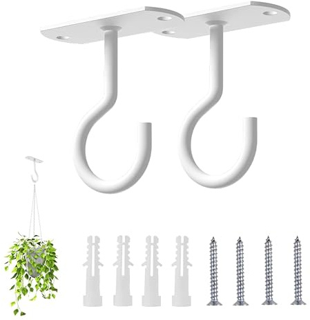 FEZTGVOFA 2 PCS Ceiling Hooks, White Ceiling Hooks Heavy Duty, Square Wall Mount Plant Hanger, for Wind Chimes, Bird Feeders, Indoor Outdoor Planters, Includes 8 Accessories (White)