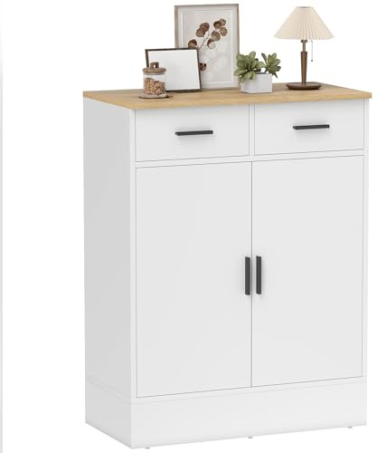 HOMCOM Küchenschrank Sideboard mit Stauraum, Kommode mit 2 Schubladen, verstellbares Regal, Aufbewahrungsschrank für Küche, Wohnzimmer, Flur, Naturholz, Weiß