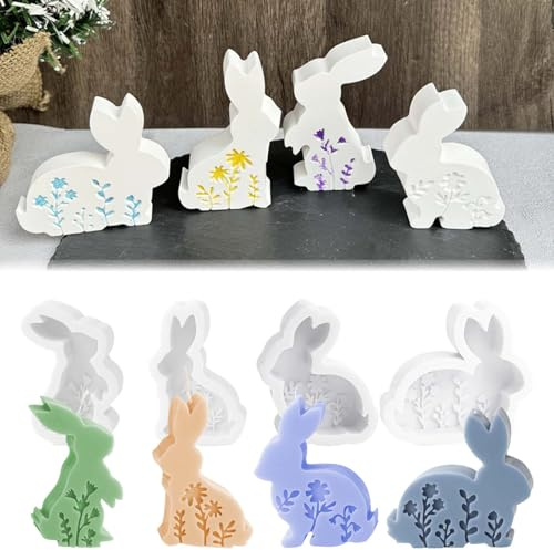 4PCS Silikonform Ostern Hase TREABEAR, Silikonformen Frühling Osterhase mit Blumentextur, Silikonformen Gießformen Ostern Kerzenformen Zum Gießen, Gips Zum Gießen Formen Osterhase