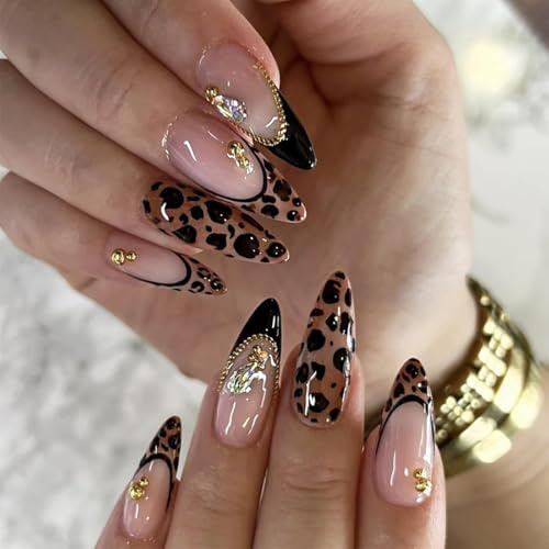FrostyFlair Press On Nails, 24 Stück Nägel Zum Aufkleben & Fake Nails, Almond Medium French Tip mit Goldkette & Cheetah Print, Glänzende Kunstnägel für Damen