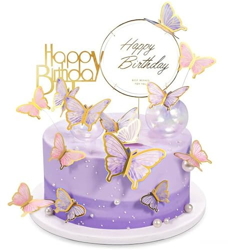 Funalix 22 Stück Tortendeko Geburstagstorte,Schmetterlinge Torten Deko,3D Dreidimensional Schmetterlinge Deko Torte für Mädchen und Junge(Lila/Rosa)
