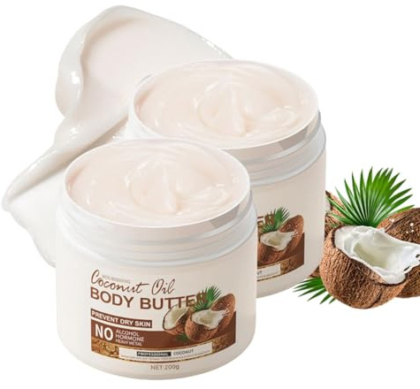 Coconut Oil Body Butter, Kokosöl-Körperbutter, Bio-Kokosöl-Körperlotion für trockene Haut, Coconut Oil Cream für Alle Hauttypen, tiefe Pflege und Feuchtigkeit, glatte Hautstruktur, 200g (2PC)