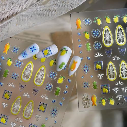 Glamoreal Summer Fruit Nail Stickers, Boho French Tip Nail Stickers, Lemon Nail Stickers, Self-adhesive, Fish Design, Blue-Yellow, Sweet Nail Stickers for Nail Art