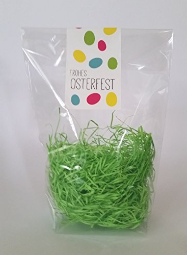 Ostertüten Zellglasbeutel Cellophan transparent 180 x 300 mm (10 Stück) (Motiv Bunte Ostereier) mit Ostergras