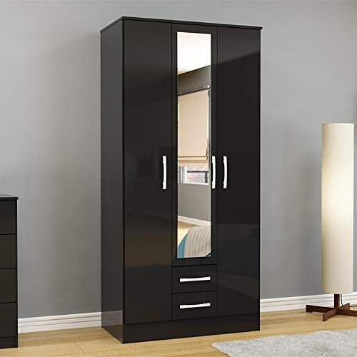 Happy Beds Lynx 3 Door Combination Mirrored Wardrobe Wooden Bedroom Furniture Black