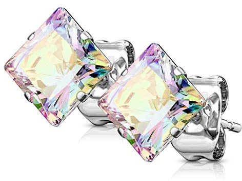 Bungsa Regenbogen AB Zirkonia Ohrstecker Kristall quadratisch Edelstahl Prinzessin Schliff 1 Paar für Damen (Ohrstecker Ohrringe Ohrhänger Creolen Ohrschmuck Ohrklemmen Damen Frauen Herren Mode)