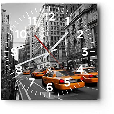 Modern Wanduhr Amerika New York City Straße 40x40cm Quadrat Groß Wand Uhr Glas Analog Zimmeruhren Küche Büro Wohnzimmer Glasuhr Wall Clock Dekoration Design Wanddekoration Küchenuhr C4AC40x40-0445
