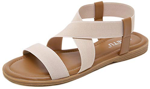 Damen Sommerschuhe Flach Elastische Sandalen S52 (Beige, 41)
