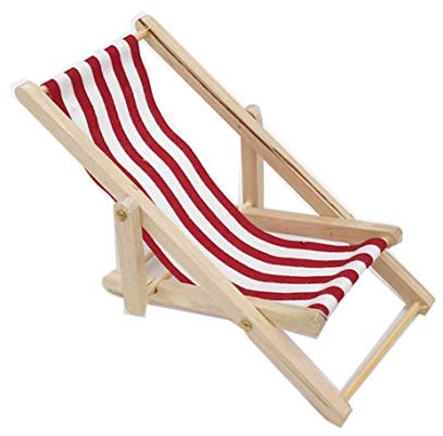 Egurs Miniatur Faltbare gestreifte Strandkorb aus Holz Mini Freizeit Liegestuhl für Dollhouse Garden Zubehör Roten Streifen