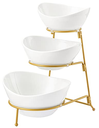 HBlife Ovales Schüssel-Set mit 3 Etagen und Metallgestell, Keramik-Obstschale, Servierständer für Dessert, Vorspeisen, Kuchen, Süßigkeiten, Chips, Dip (Gold)