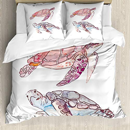 ABAKUHAUS Schildkröte Bettwäsche Set für Doppelbetten, Aquarell Soft-Kunstwerk, Weicher Microfaserstoff Allegigeignet kein Verblassen, Rosa Fuchsia