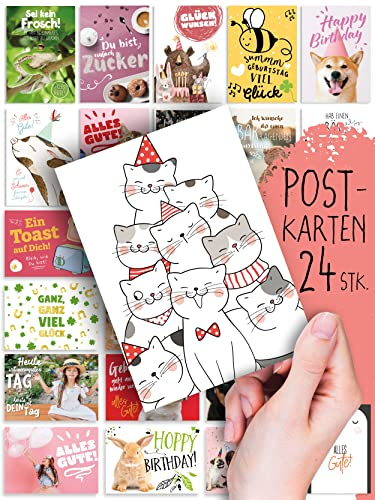 Geburtstag: 24 süße POSTKARTEN | Niedliche Bilder/Motive | Sprüche/Texte | Happy Birthday | Glückwunsch | Karten-Mix | Geschenk | Tiere |Schön | Spruch | Liebe | Grußkarte | Deko | DIN A8