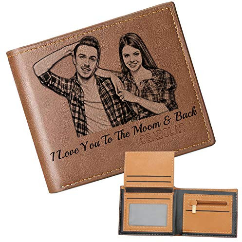 Personalisiert Geldbeutel Herren,Leder GeldböRse mit Foto,Gravur Portemonnaie MitmüNzfach,Bifold Geldbörsen mit Bild,Geschenke für Damen (Braun)