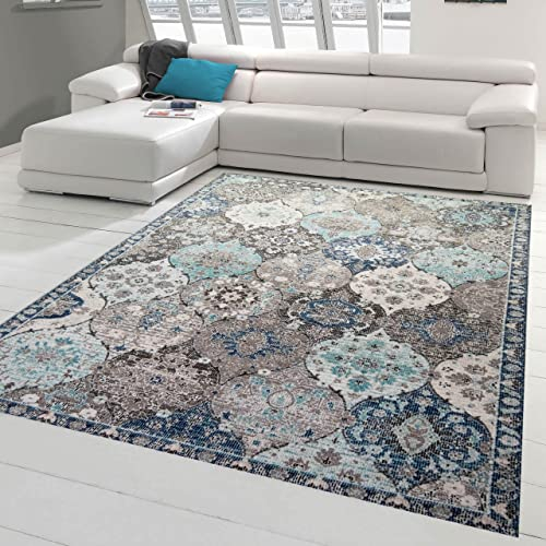 Teppich-Traum Orientteppich für Indoor Wohnzimmer & Outdoor Terrasse | wunderschöne Ornamente | grau blau Größe 200 x 290 cm
