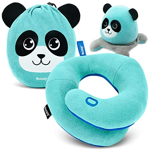 BCOZZY Kids Chin Supporting Travel Pillow for 3-7 Y/O- Stops the Head from Falling Forward- Comfortable Road Trip Essential. Soft, Washable, Small Size, Light Blue, Panda Bag and Panda Moodizz