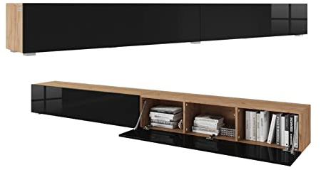 PLATAN ROOM Mobile per TV 105/140/160/210/280 in bianco, da appendere o in piedi lucido (280 x 30 x 32, rovere oro/nero lucido)