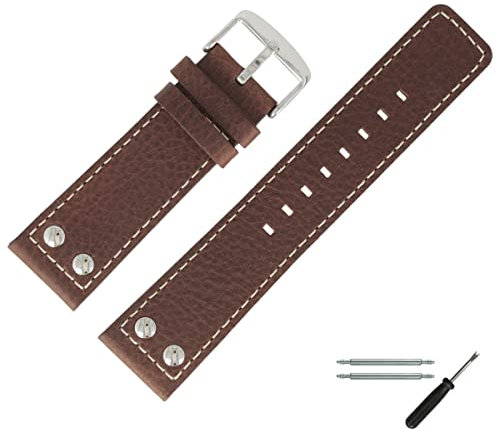 MARBURGER Uhrenarmband 24mm Leder Braun Silber Mit Naht - Montage Set 7822431000120