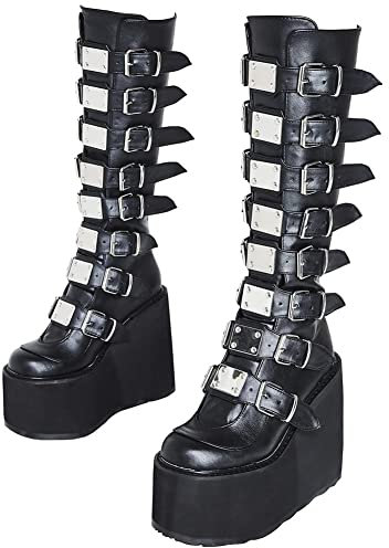 HOTRA Piattaforma Gotica Stivali al Ginocchio da Donna Fibbie Borchiate Tacco Alto Grosso Stivali da Combattimento a metà Polpaccio Cerniera Punta Rotonda Scarpe Punk (Color : Nero, Size : 35 EU)