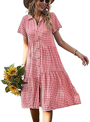 Lazutom Robe de plage d'été pour femme - Robe midi longue vichy boutonnée, rose, 24