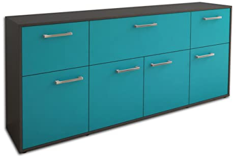 Lqliving Kommode Sideboard Gianna, Korpus in anthrazit matt, Front im trendigem Türkis (180x79x35cm), inkl. Metall Griffen, Made in Germany
