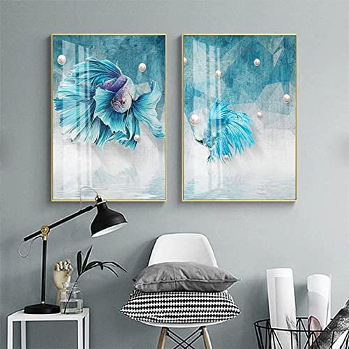 Blaue abstrakte Guppy-Fisch-Leinwandbild Luxusposter Kunstdrucke Einfachheit zeitgenössische Wand Bilder Bilder Wohnzimmer Heimdekoration 50 x 70 cm x 2 ungerahmt