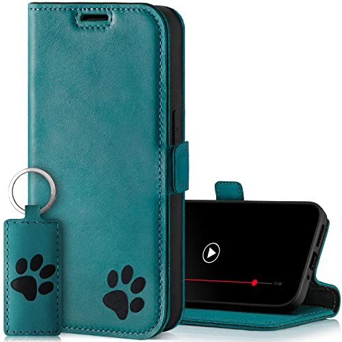 SURAZO Premium Slim Magnet Handyhülle für Samsung Galaxy A54 Hülle Leder – Echtleder Schutzhülle mit Pfote Motiv – RFID Klapphülle [mit Standfunktion, Kartenfach] Flip Cover Case Lederhülle (Türkis)