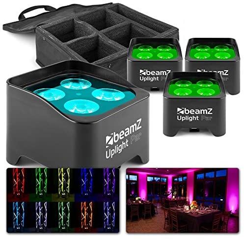 BeamZ BBP90 LED Uplight Par Strahler, Partylicht Musikgesteuert | Bühnenbeleuchtung Set für DJ Pult, 20h Akku, 4 X 4 Watt, Bühnenlicht, DMX-LAN, Bühnenequipment, RGB, Effektstrahler