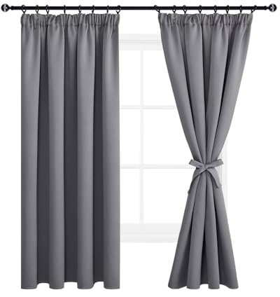 DWCN Verdunkelungsvorhang Blickdicht Schlafzimmer Vorhänge mit Kräuselband Verdunkelung Dicke Thermogardine Kälteschutz mit Vorhang-Krawatten, Gardinen Kinderzimmer 160x140 cm(HxB), Grau, 2er Set