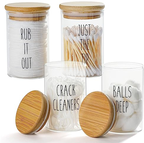 FEILANDUO Qtip Lot de 4 distributeurs avec couvercles en bambou, pot d'apothicaire en verre pour boules de coton cotons-tiges fil dentaire, accessoires de salle de bain avec plateau organisateur 280ml