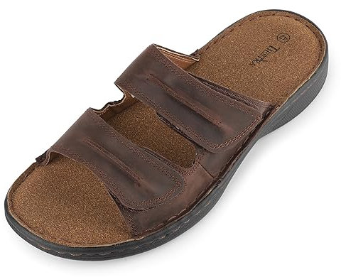 TIESTRA Mens Slide Sandal Summer Beach Indoor and Outdoor Anti-skidding Slide Slippers with Two Adjustable Leather Straps Brown EU42/UK8