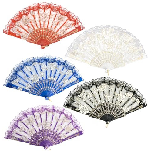 EOSAU Handheld Chinese Folding Fan Lace Hand Fans for Women Foldable Bulk for Party Wedding Church Dancing (5 Mixed Colors)