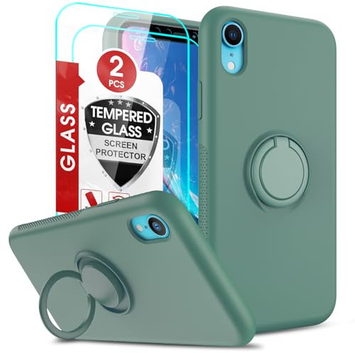 LeYi Silicone Case for iPhone XR 6.1 with 2 Tempered Glass Screen Protectors Ring Holder Liquid Soft TPU Shockproof Back Phone Cover for iPhone XR Green